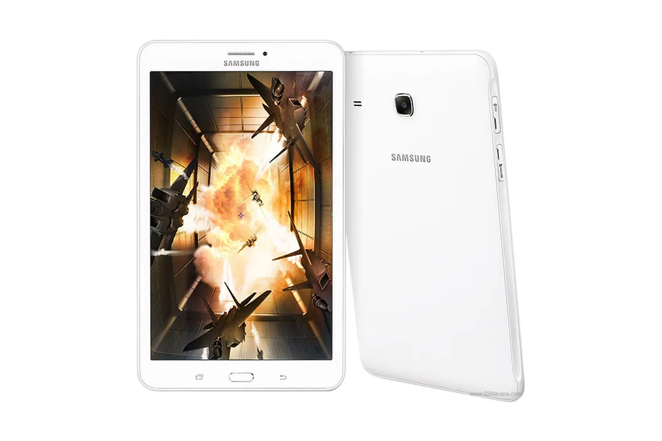 Galaxy Tab E 8.0 (SM-T377), shown from the back in its colours and from the front