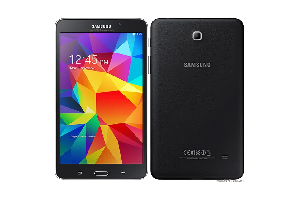 Galaxy Tab 4 7.0 (SM-T230), shown from the back in its colours and from the front