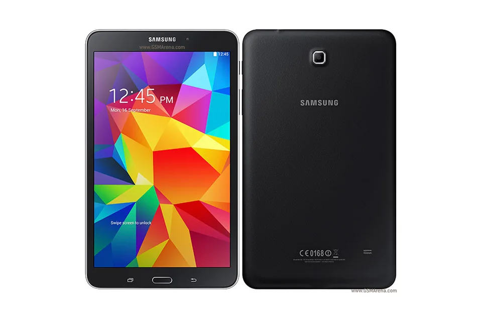 Galaxy Tab 4 8.0 (SM-T330), shown from the back in its colours and from the front