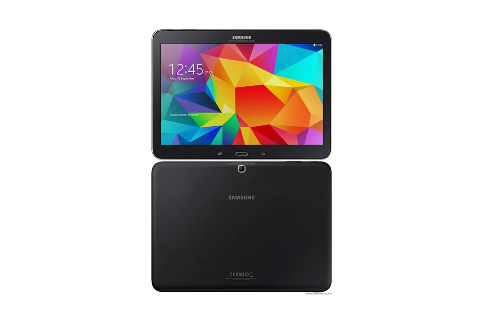 Galaxy Tab 4 10.1 (SM-T530), shown from the back in its colours and from the front