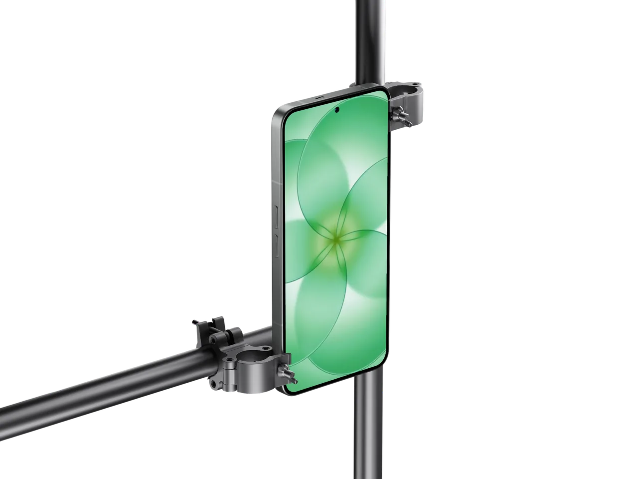 Phone held by clamps on a metal tube rig